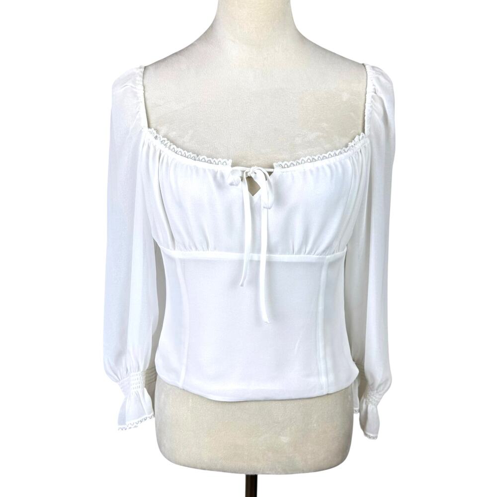 Aritzia Wilfred Duke Blouse White Sheer Long Sleeve Cropped Smocked Peasant Top